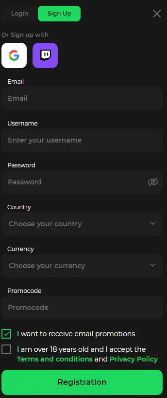 Snel formulier om een spelersaccount aan te maken