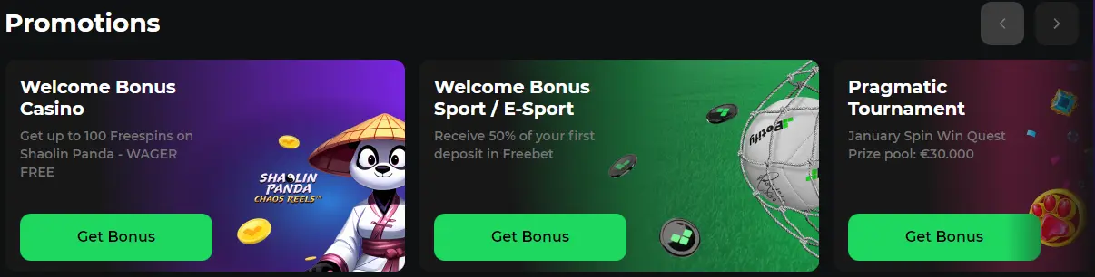 Sectie met promoties en beloningen voor casino spelers